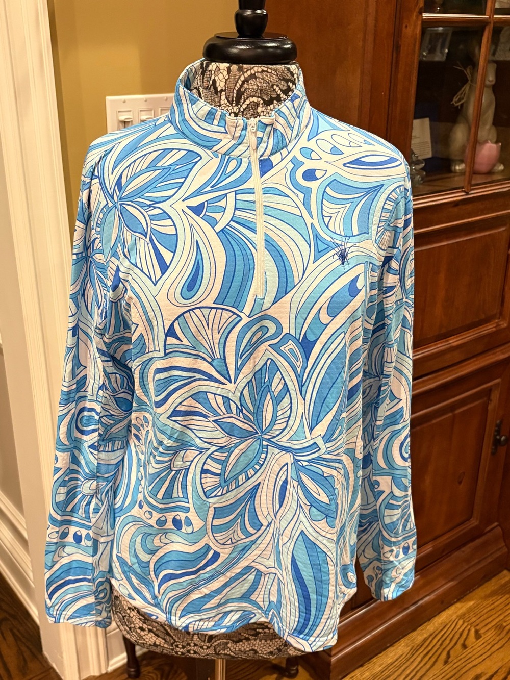 Icikuls Long Sleeve Mesh 1/4 Zip Mock Neck - Blue Swirl - X-Large